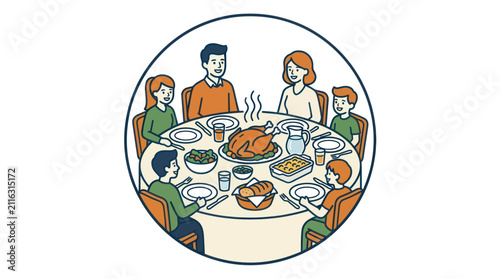 Family sitting around dinner table eating.