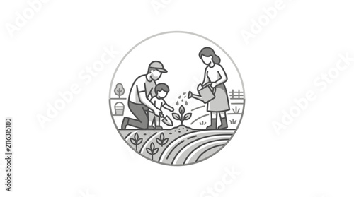 Family planting flowers in garden.