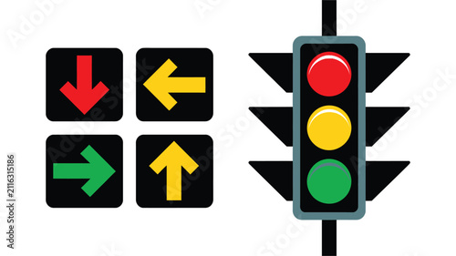 Traffic signal icon designs with red, amber and green lights for road control, transportation, driving safety and navigation vector