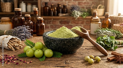 Green amla powder in a stone mortar with fresh gooseberry fruits and ayurvedic herbs on wooden table. amla powder