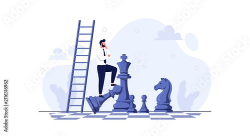 Businessman strategizing with chess pieces and ladder, representing strategy, success, and planning