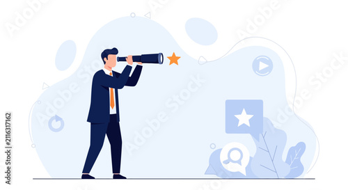 Businessman with Telescope Searching for Success and Opportunities, Digital Marketing Concept