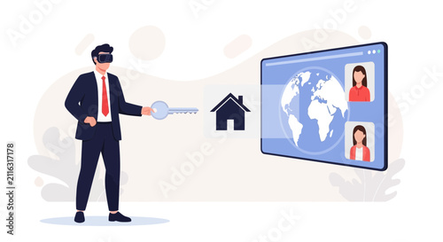 Businessman with VR headset offers key to virtual house on globe screen with people in virtual meeting
