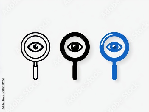 Set of magnifying glass icons with eye symbol inside, linear, solid and blue styles, isolated on white background