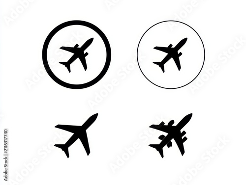 Collection of four airplane icons, flight mode symbols for travel and aviation