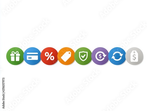 Set of colorful flat circular icons representing various ecommerce and business concepts like gift, payment, discount, price tag, security, refund, exchange, and sale isolated on white background