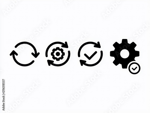 Set of update and settings icons, circular arrows with gear and checkmark symbols isolated on white background