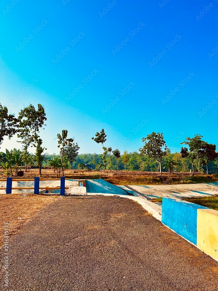 Fototapeta premium Scenic rural path leading towards a green forest under a clear blue sky
