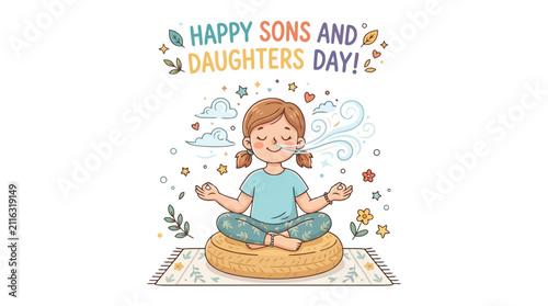 Little girl practicing yoga and meditation on a cushion for Sons and Daughters Day mindfulness vector illustration