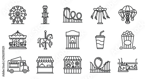 Obraz na płótnie Amusement park themed Line Icons Set On White Background Featuring Ferris Wheel