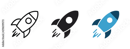 Rocket launch icon set, startup business growth, innovation, project development, acceleration, marketing strategy, successful progress, upward direction, vector illustration.