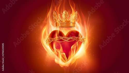 Sacred Heart engulfed in radiant flames, Christian represents divine love, sacrifice, faith, redemption