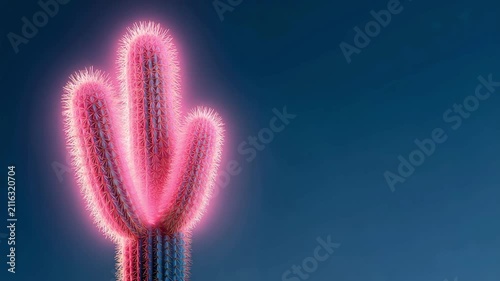 Glowing neon cactus with vibrant pink and blue lighting on dark background, animated desert plant with futuristic cyberpunk aesthetic, perfect for motion graphics, digital art and modern visual design