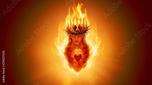Sacred Heart engulfed in radiant flames, Christian represents divine love, sacrifice, faith, redemption