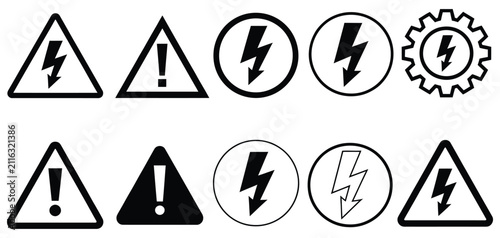 Photography Set of Electrical Hazard Warning Signs and Lightning Bolt Icons, Vector Illustra