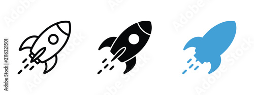 Rocket launch icon set, startup business growth, innovation, project development, acceleration, marketing strategy, successful progress, upward direction, vector illustration.
