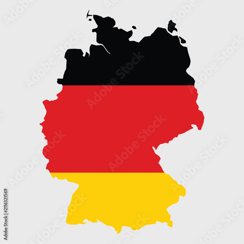 Germany map with the national flag displayed on a clean light grey background. High-quality vector illustration featuring the geographic outline of Germany filled with the black, red, and gold 