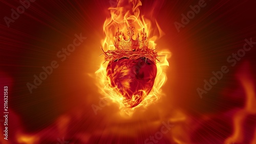 Sacred Heart engulfed in radiant flames, Christian represents divine love, sacrifice, faith, redemption