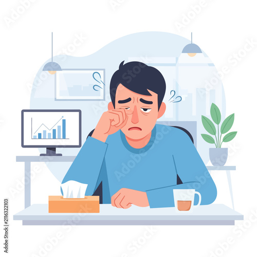 Exhausted Office Worker Rubbing Tired Eyes At Desk With Tissues And Coffee