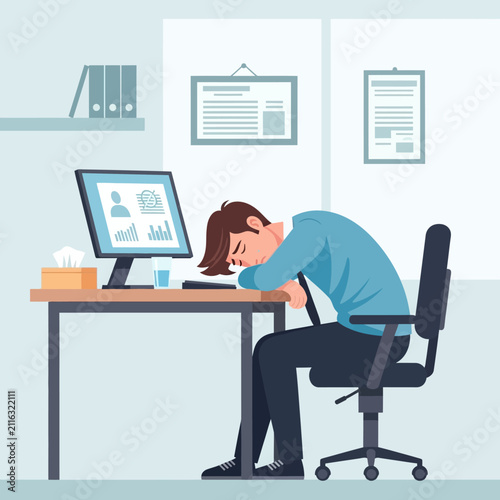 Exhausted Office Worker Sleeping At Desk Overworked Business Professional Burnout Illustration