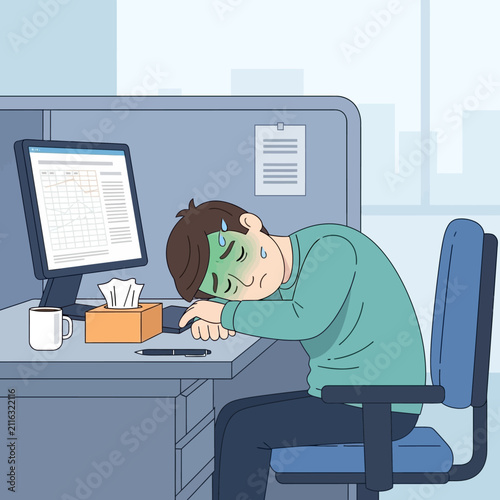 Exhausted Office Worker Sleeping At Desk With Computer And Tissues On Table