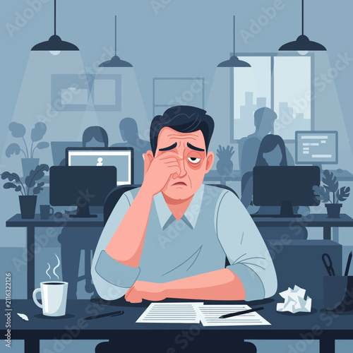 Exhausted Office Worker Rubbing Eyes Overwhelmed By Workload
