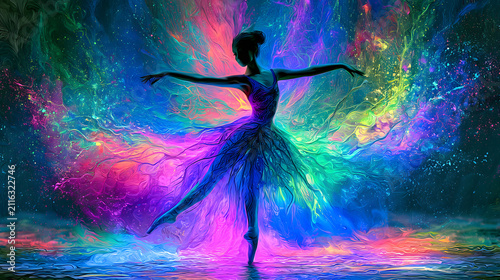 Psychedelic ballet art with graceful dancer movement and vibrant surreal fantasy colors