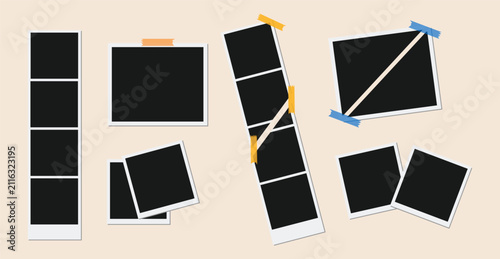 Vintage polaroid photo frame collection. Blank instant picture mockup set. Retro film strip template design.