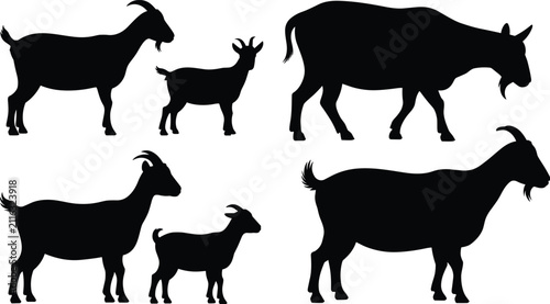 Goat Silhouette Collection with Adult and Kid Farm Animal Vector Set Isolated on White