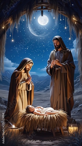 Nativity Scene with Mary, Joseph, and Baby Jesus – A Peaceful Christmas Night Under the Moonlight