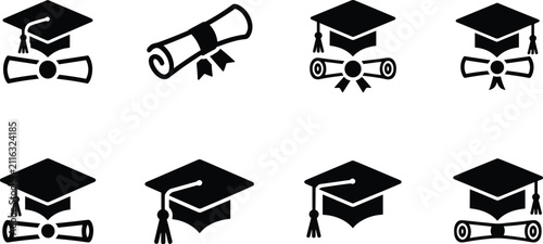 Graduation Cap and Diploma Icon Collection Set with Education Achievement Symbols