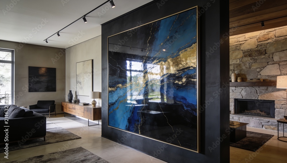 Obraz premium Displaying framed abstract painting reflecting windows in modern living room with sectional sofa