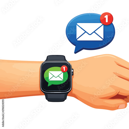 Smartwatch with email notification on wrist, digital communication concept