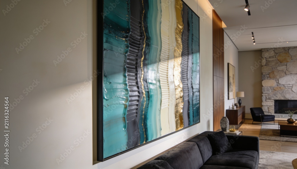 Obraz premium Displaying large framed abstract painting left-center in living room, showing charcoal sofa