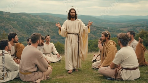 Jesus Christ Teaching Disciples on Hilltop – Biblical Scene Depiction for Religious and Inspirational Content