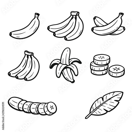 Hand-drawn banana and leaf illustrations in black and white