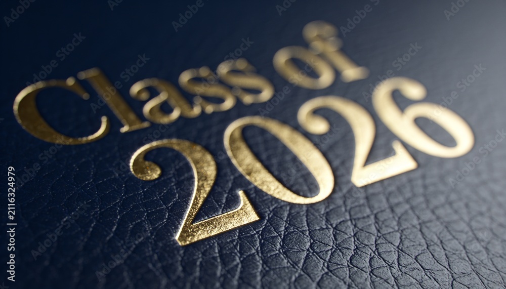 Fototapeta premium Showing navy leather cover with gold foil Class of 2026 embossing, visible grain, directional light