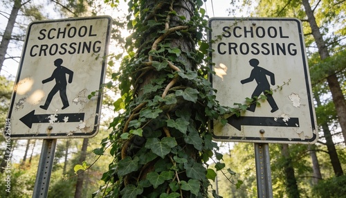 Displaying weathered SCHOOL CROSSING signs flanking ivy-covered trunk at roadside, bolts visible