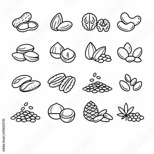 Hand-drawn collection of various nuts and seeds line art icons
