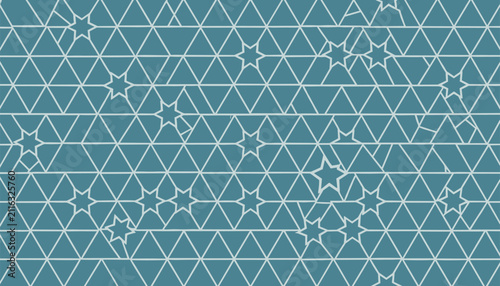 Seamless geometric triangle mosaic pattern in blue with scattered white outlined star shapes for modern wall art.