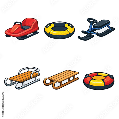 Collection of colorful winter sports equipment and sleds