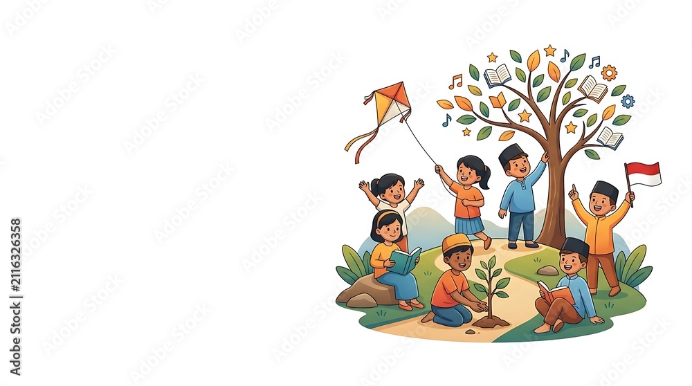 Fototapeta premium Happy Children Holding Hands with Flowers Under a Rainbow Tree Cartoon Vector Illustration for Family Holiday Birthday School and Christmas Celebration Design