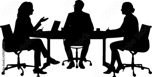Three business people having a meeting around a table with laptops isolated on transparent background, Vector