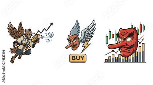 Tengu Stock Trading Bull Market Icons in Crimson and Gold