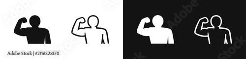 Strong man flexing muscles icon set for fitness