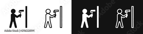 Person painting wall with roller icon set for home renovation