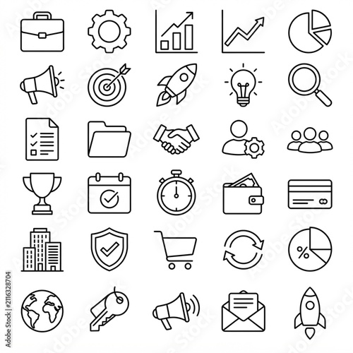 Business outline vector icons set. Professional marketing and management symbols collection.