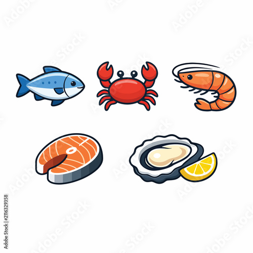 Fresh seafood assortment with fish, crab, shrimp, salmon, and oysters