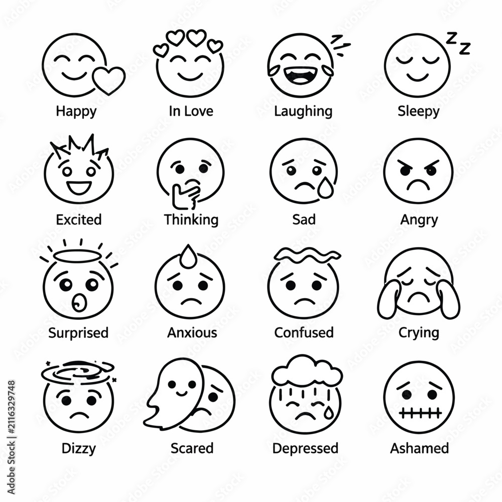 Obraz premium Collection of Emotional Facial Expressions as Simple Line Art Icons