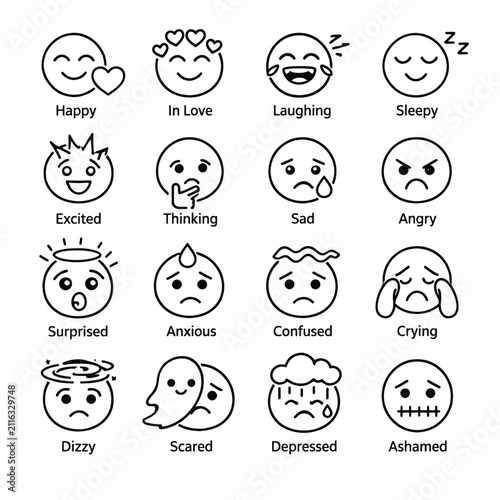 Collection of Emotional Facial Expressions as Simple Line Art Icons